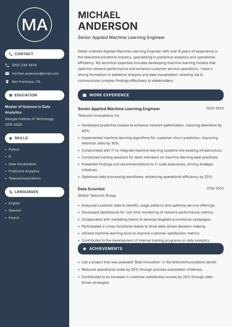 Applied Machine Learning Engineer Resume Preview Example