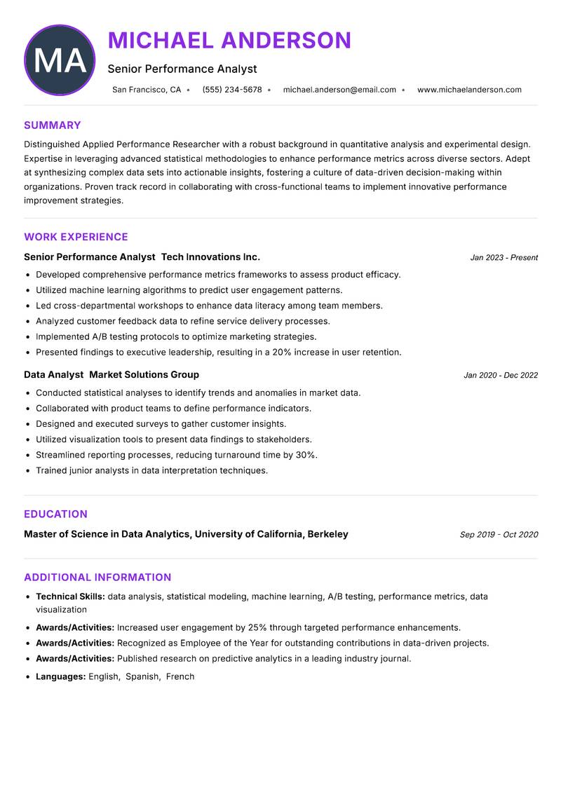 Applied Performance Researcher Resume Preview Example