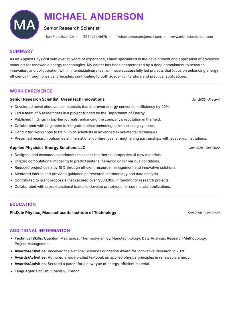 Applied Physicist Resume Preview Example