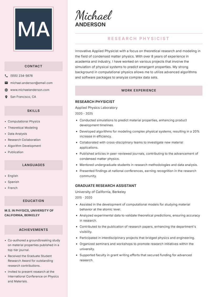 Applied Physicist Resume Preview Example
