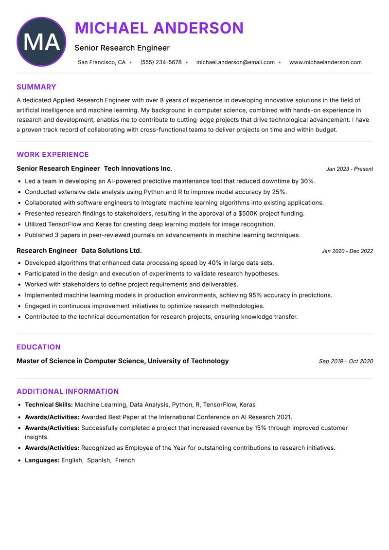 Applied Research Engineer Resume Preview Example