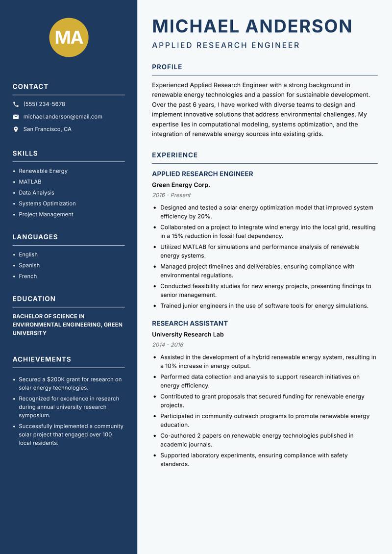 Applied Research Engineer Resume Preview Example
