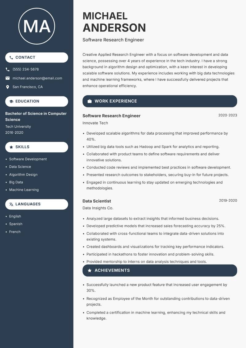 Applied Research Engineer Resume Preview Example
