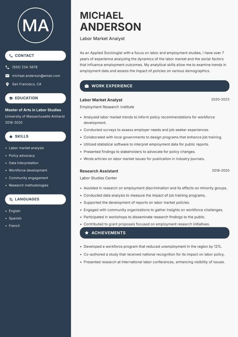 Applied Sociologist Resume Preview Example