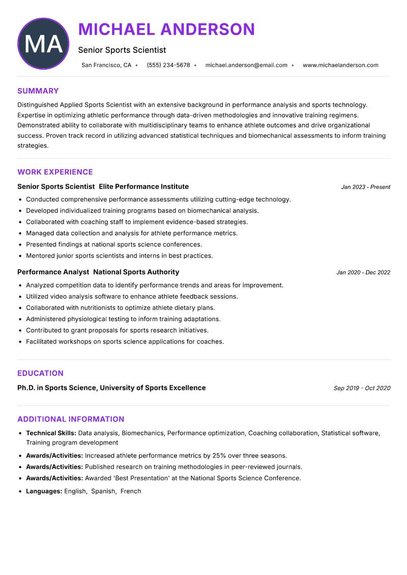 Applied Sports Scientist Resume Preview Example