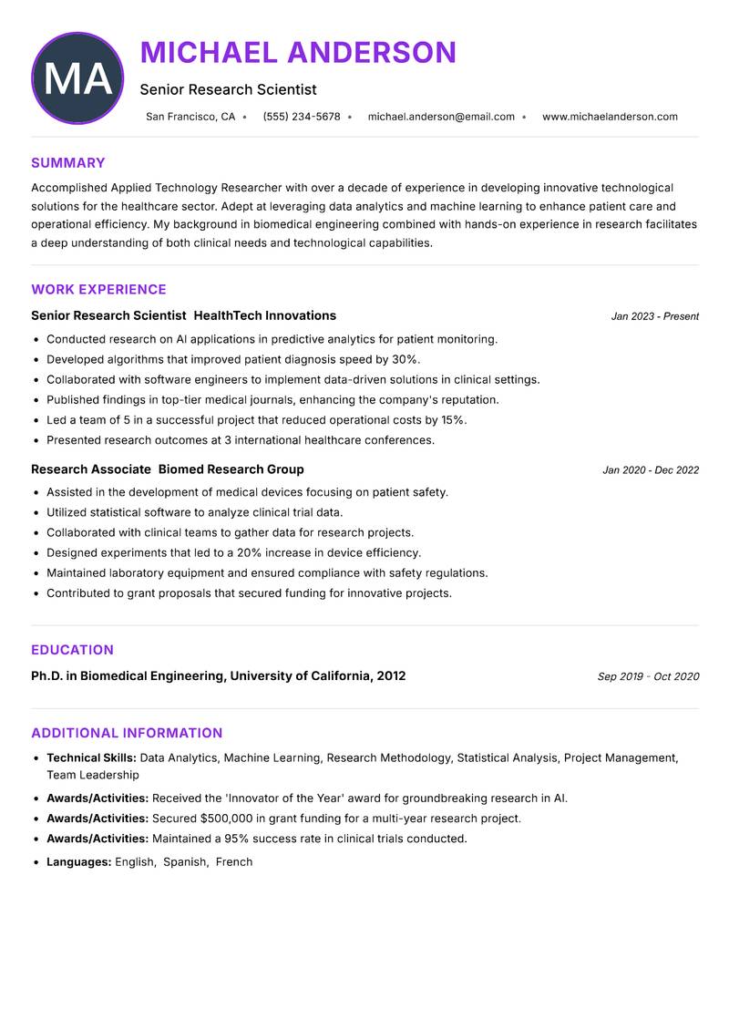 Applied Technology Researcher Resume Preview Example