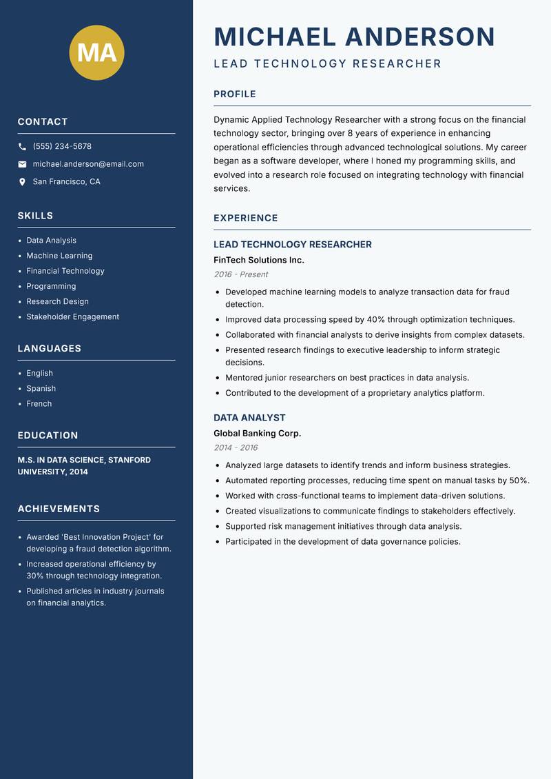 Applied Technology Researcher Resume Preview Example