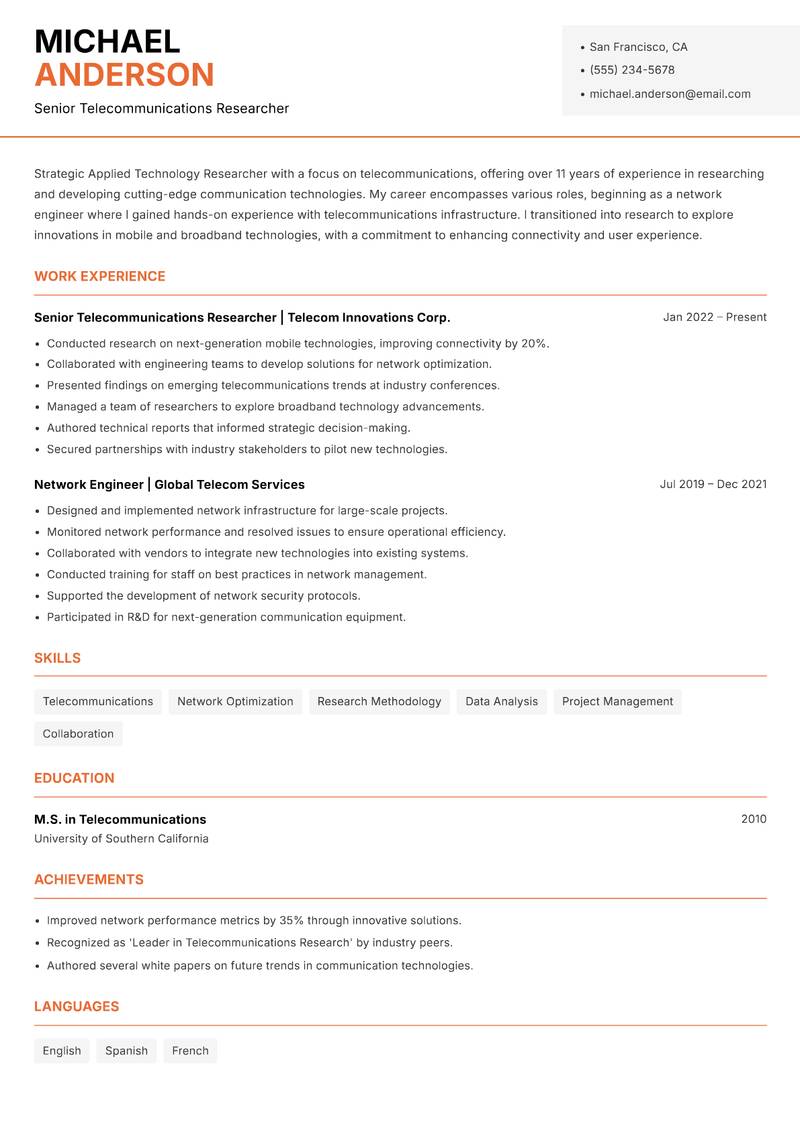 Applied Technology Researcher Resume Template
