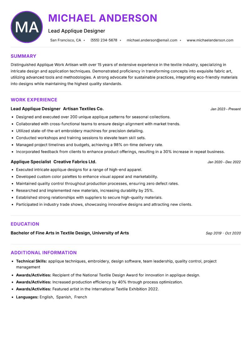 Applique Work Artisan Resume Preview Example