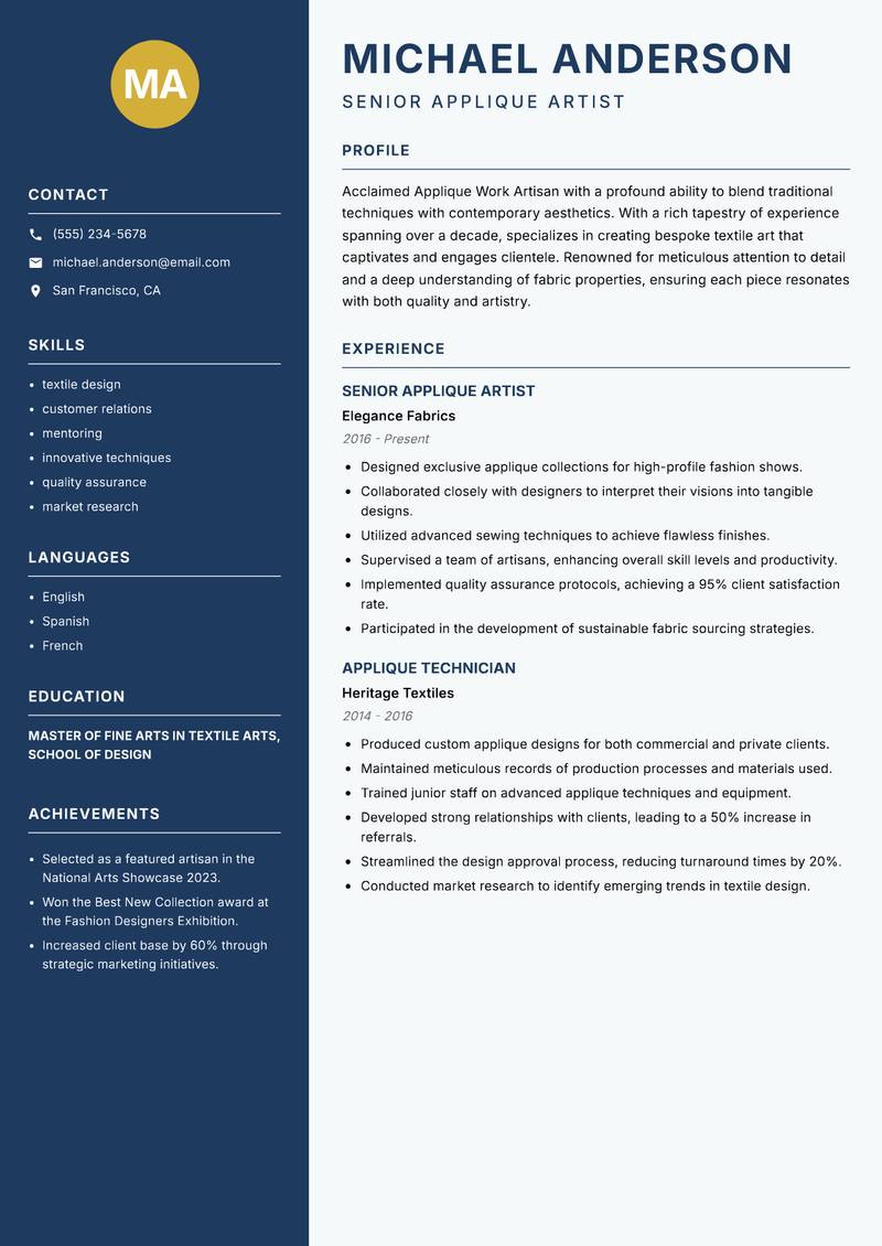 Applique Work Artisan Resume Preview Example