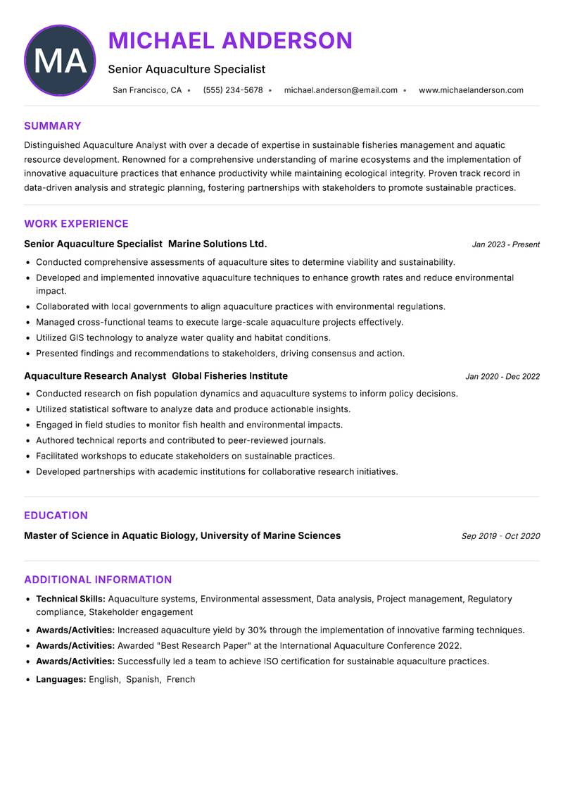 Aquaculture Analyst Resume Preview Example