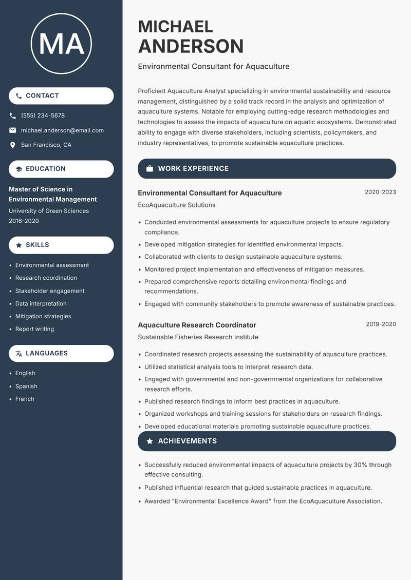 Aquaculture Analyst Resume Preview Example