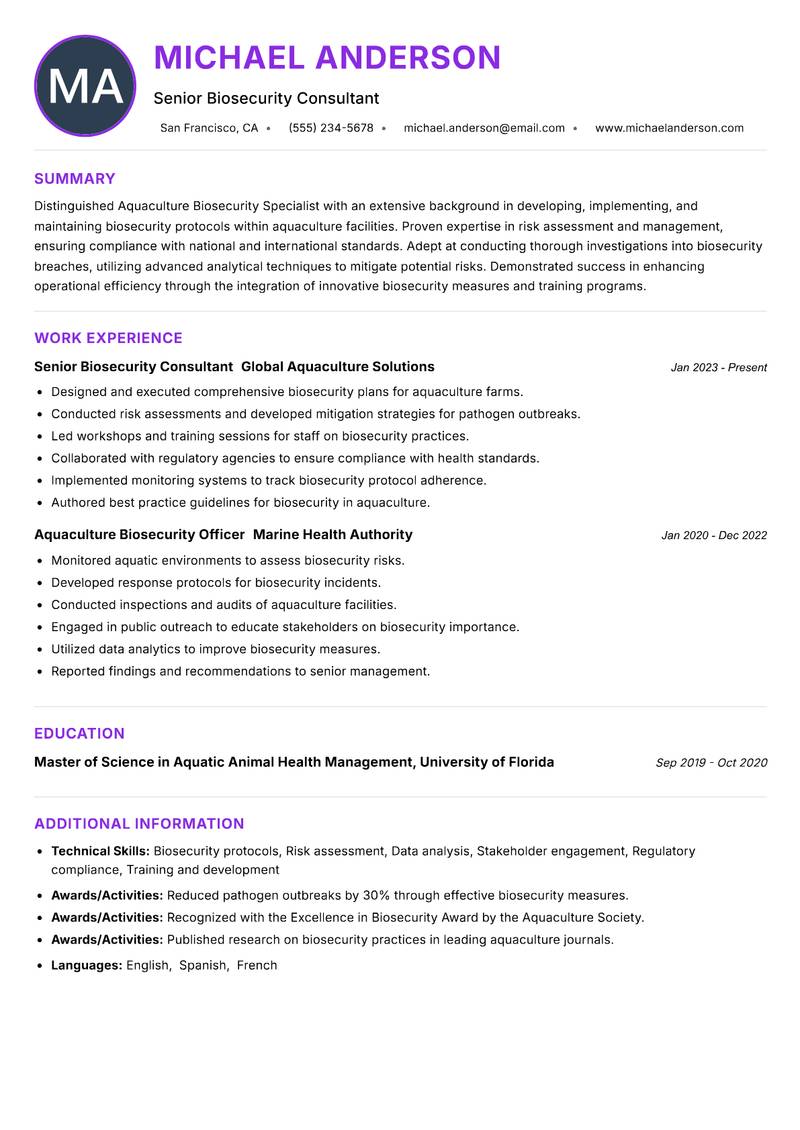Aquaculture Biosecurity Specialist Resume Preview Example