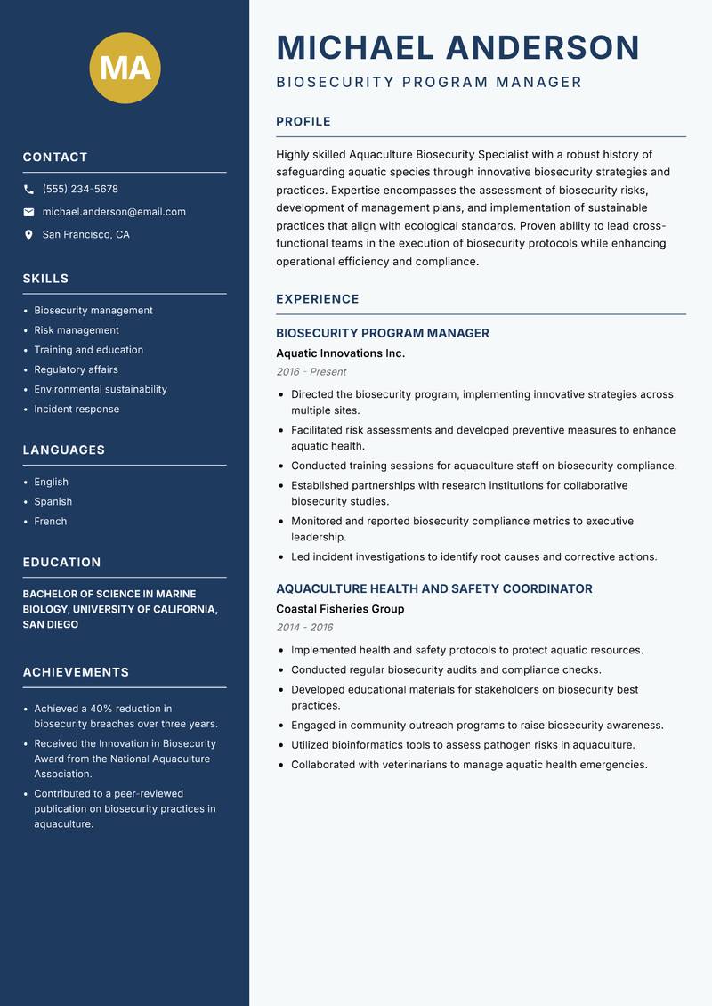 Aquaculture Biosecurity Specialist Resume Preview Example