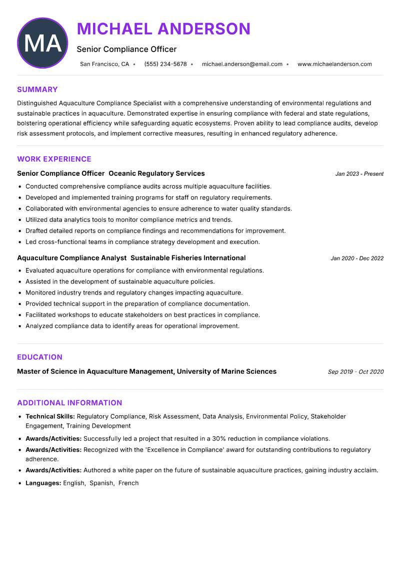 Aquaculture Compliance Specialist Resume Preview Example