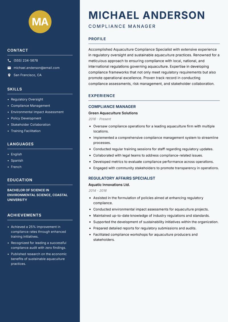 Aquaculture Compliance Specialist Resume Preview Example