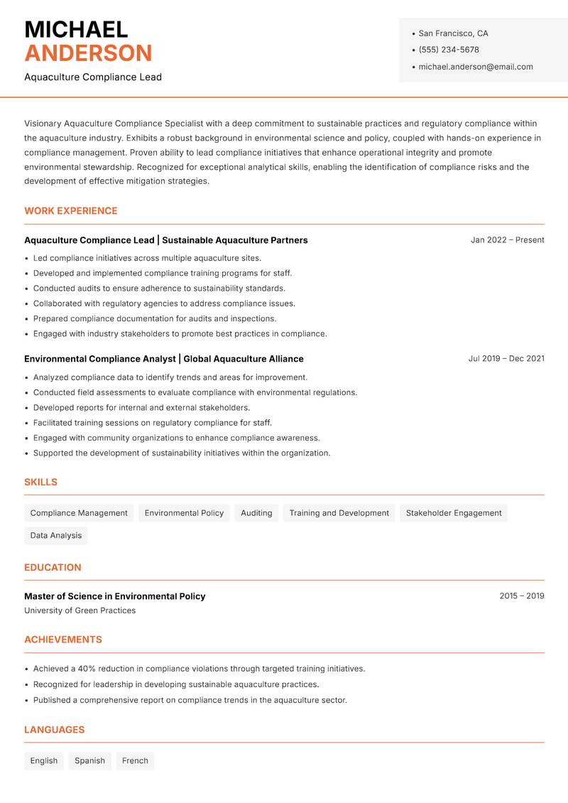 Aquaculture Compliance Specialist Resume Template