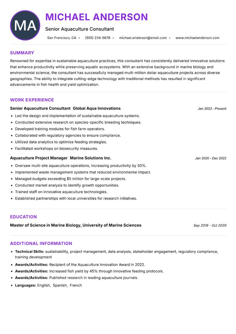 Aquaculture Consultant Resume Preview Example