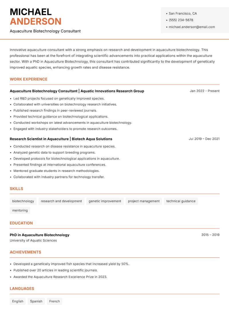 Aquaculture Consultant Resume Template