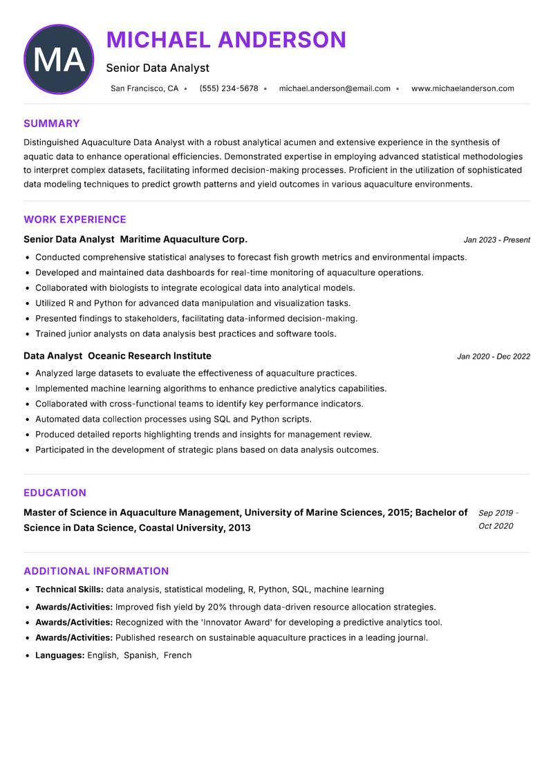 Aquaculture Data Analyst Resume Preview Example