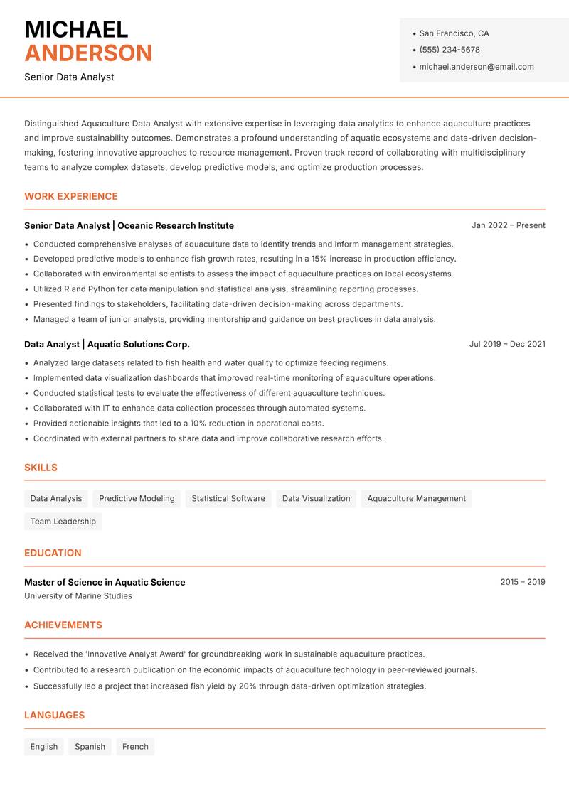 Aquaculture Data Analyst Resume Template