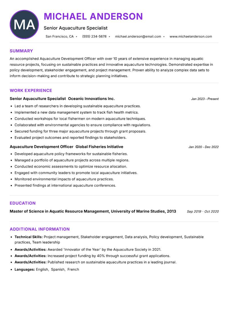 Aquaculture Development Officer Resume Preview Example