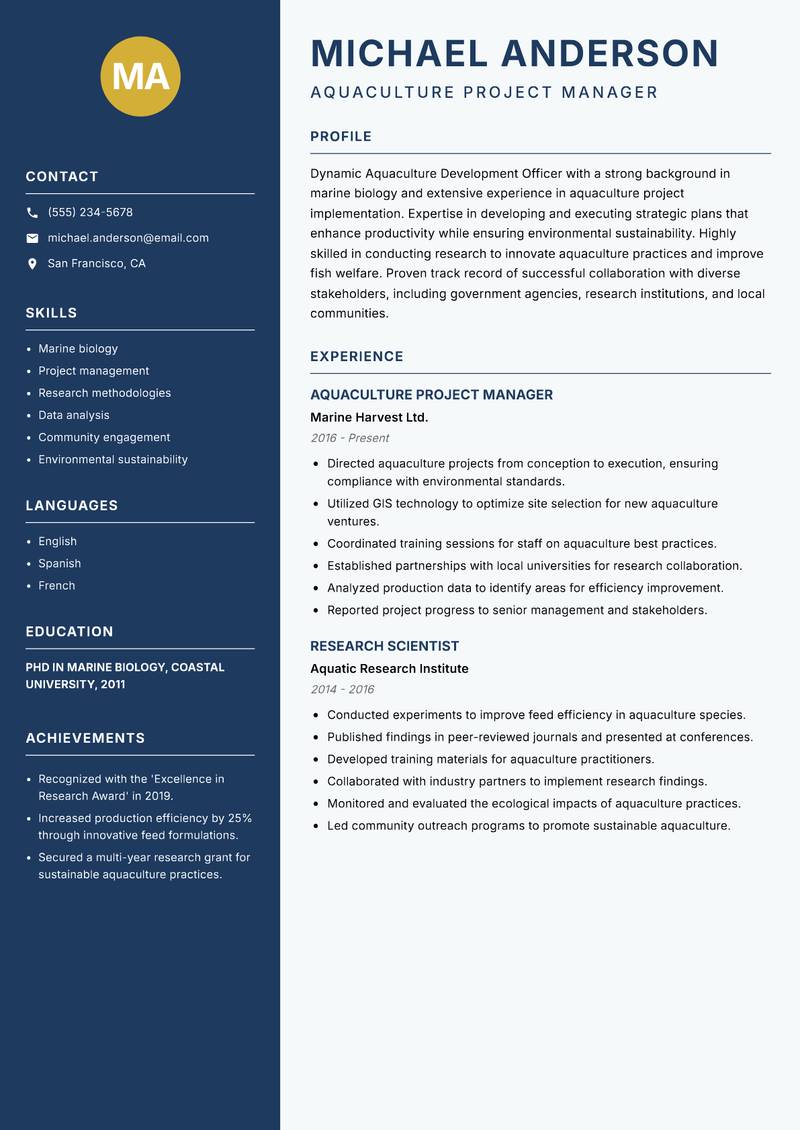 Aquaculture Development Officer Resume Preview Example