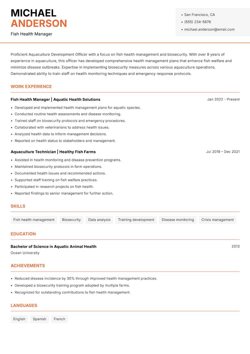 Aquaculture Development Officer Resume Template