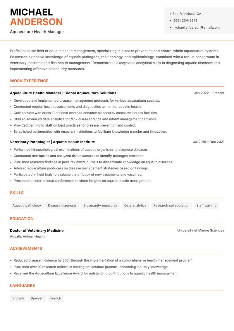 Aquaculture Disease Control Specialist Resume Template