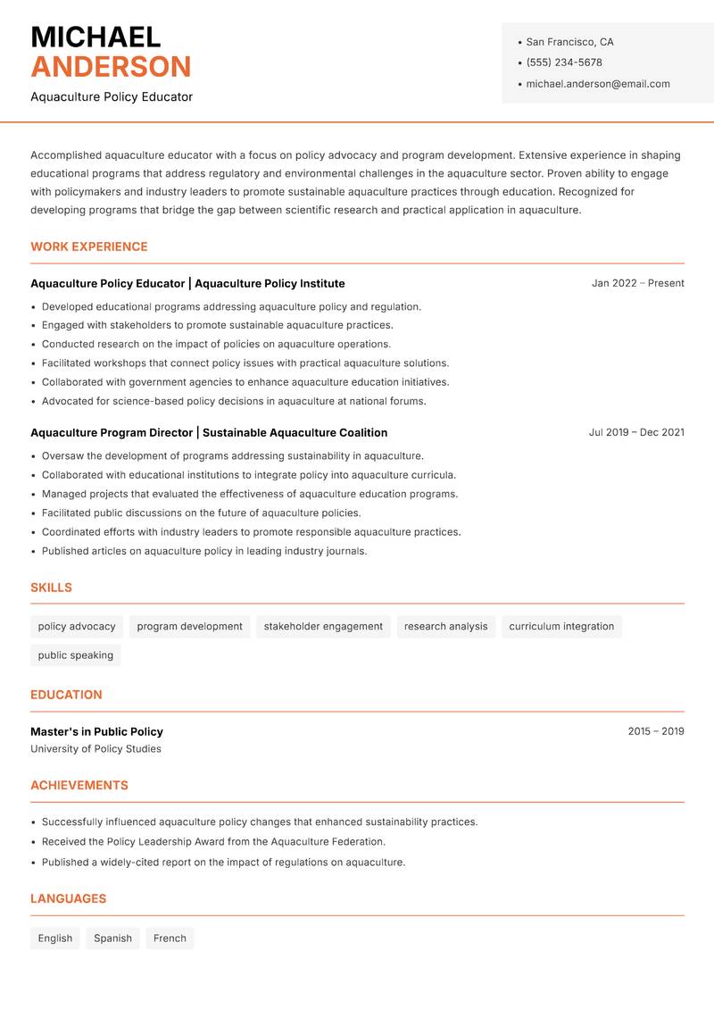 Aquaculture Educator Resume Template