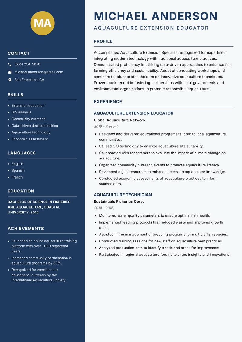 Aquaculture Extension Specialist Resume Preview Example