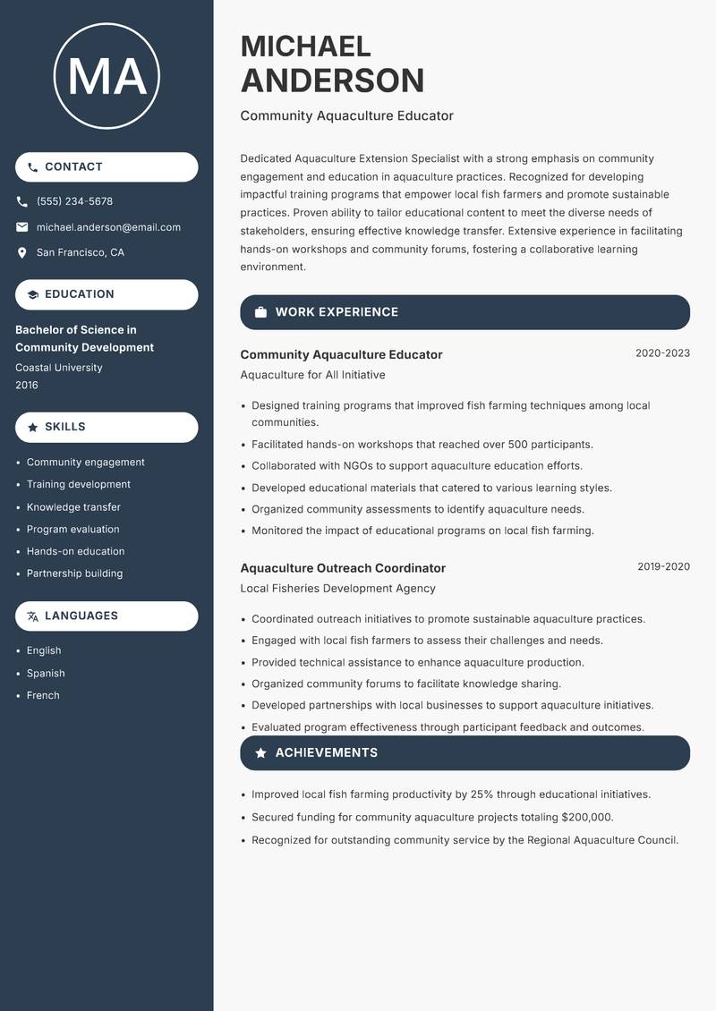 Aquaculture Extension Specialist Resume Preview Example