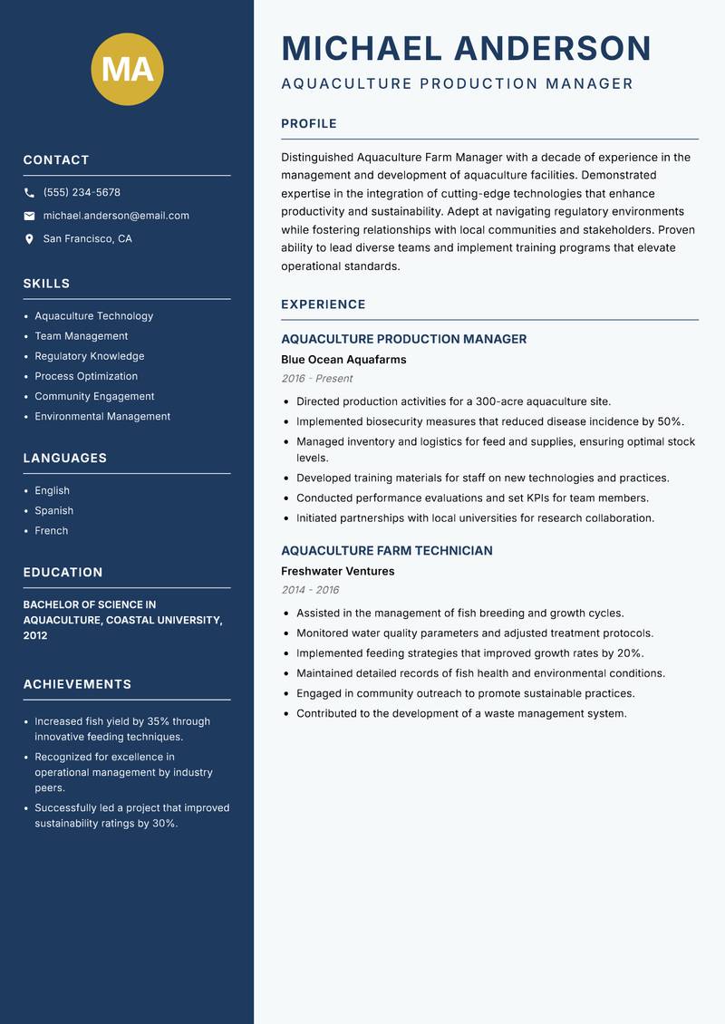 Aquaculture Farm Manager Resume Preview Example