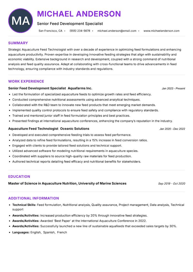 Aquaculture Feed Technologist Resume Preview Example