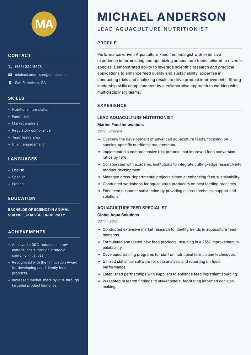 Aquaculture Feed Technologist Resume Preview Example