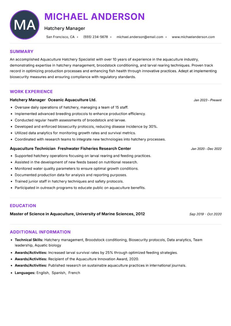 Aquaculture Hatchery Specialist Resume Preview Example