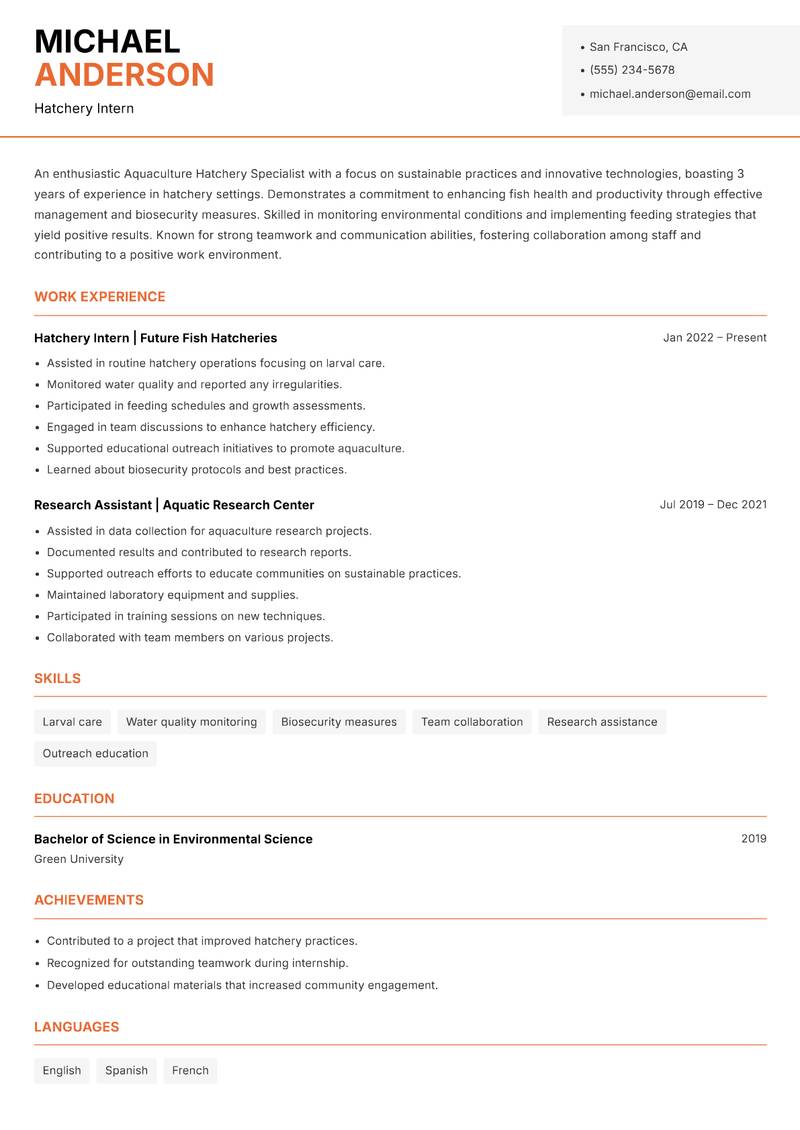 Aquaculture Hatchery Specialist Resume Template