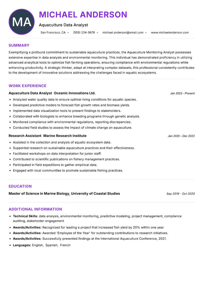 Aquaculture Monitoring Analyst Resume Preview Example