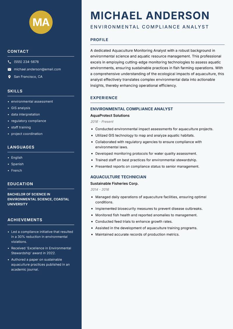 Aquaculture Monitoring Analyst Resume Preview Example