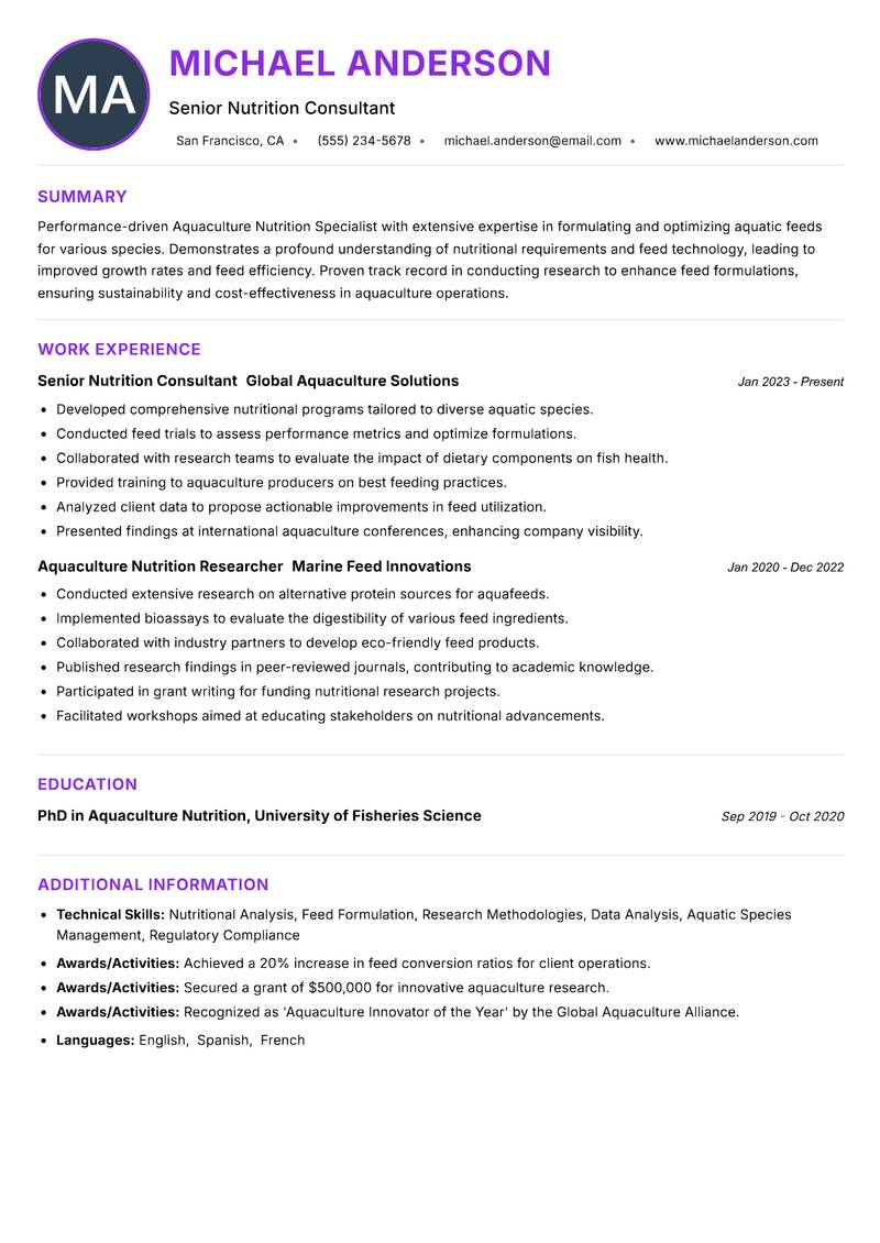 Aquaculture Nutrition Specialist Resume Preview Example