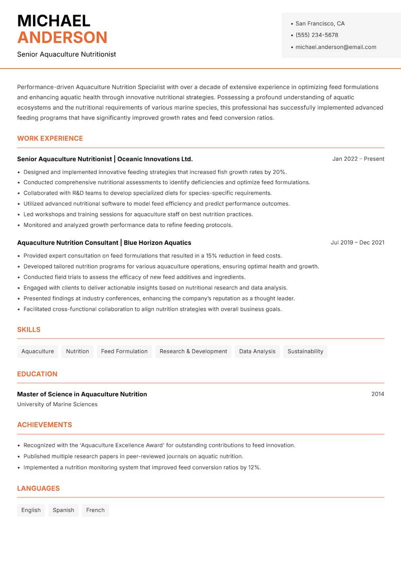 Aquaculture Nutrition Specialist Resume Template