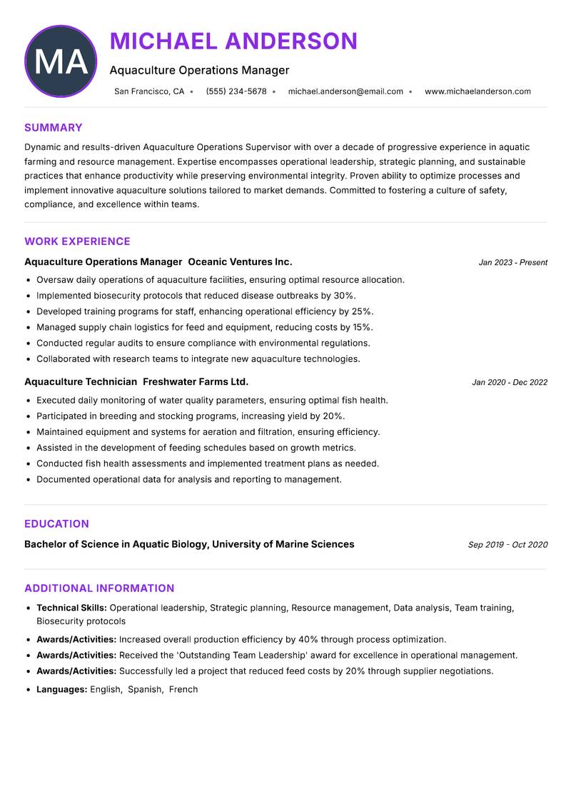Aquaculture Operations Supervisor Resume Preview Example