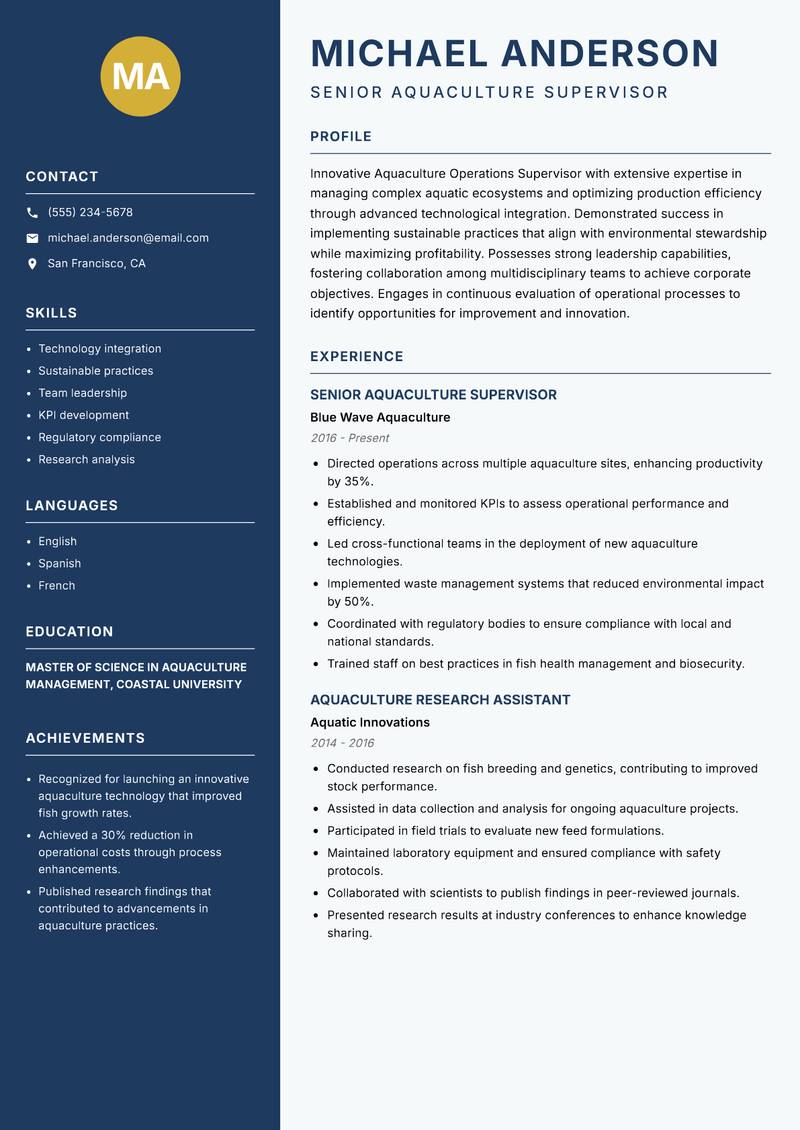 Aquaculture Operations Supervisor Resume Preview Example