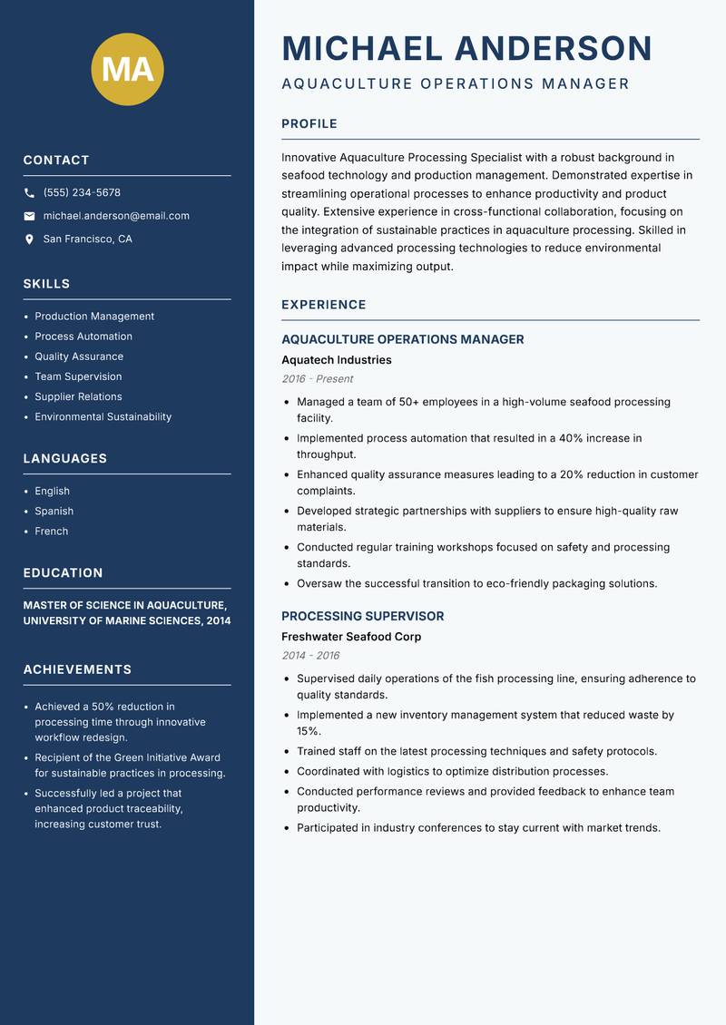 Aquaculture Processing Specialist Resume Preview Example