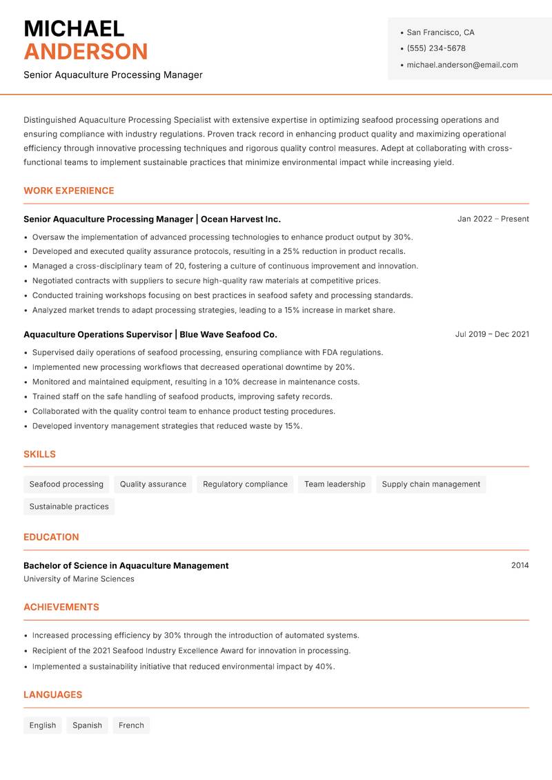 Aquaculture Processing Specialist Resume Template