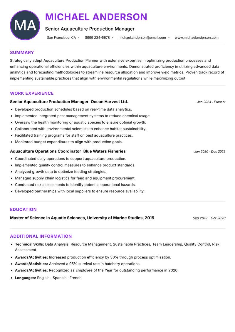 Aquaculture Production Planner Resume Preview Example