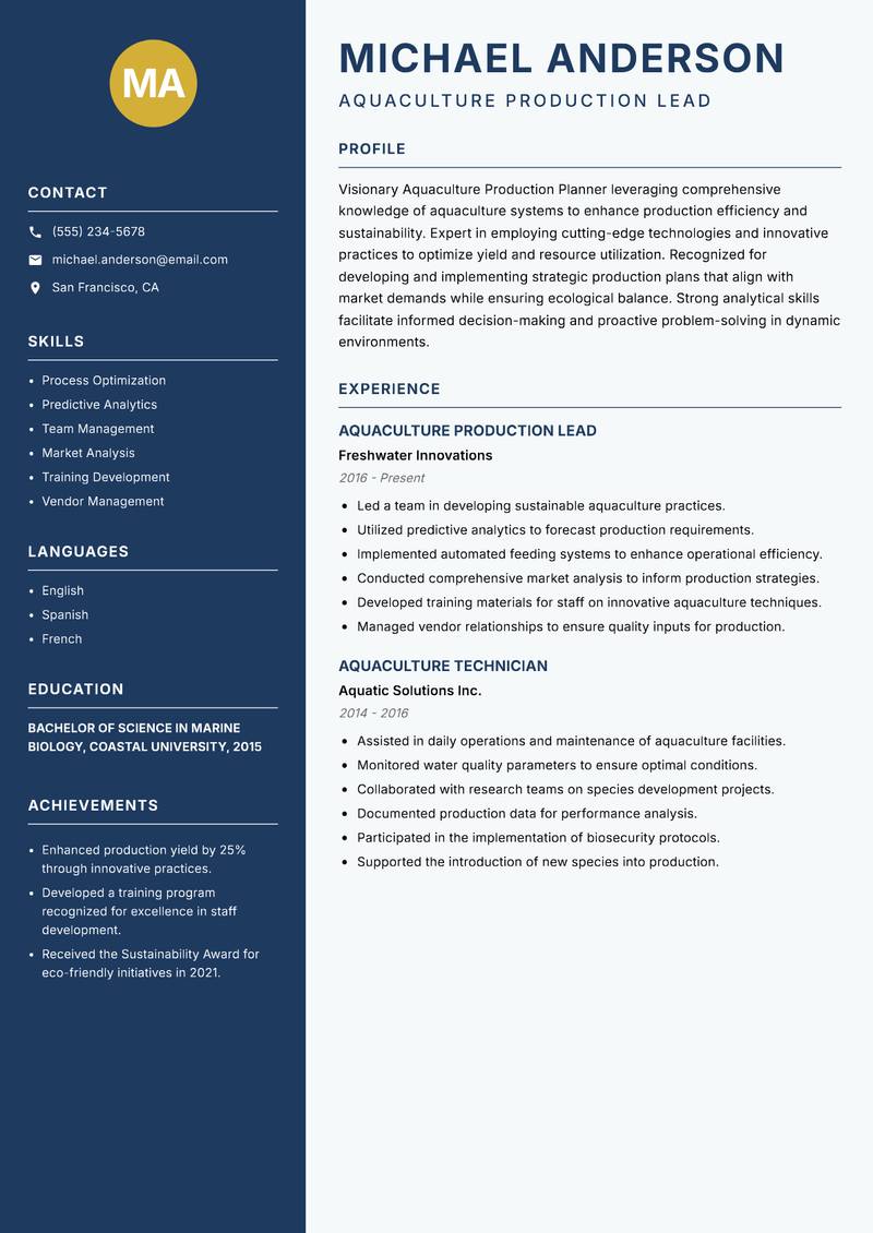 Aquaculture Production Planner Resume Preview Example