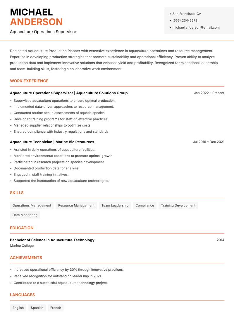 Aquaculture Production Planner Resume Template