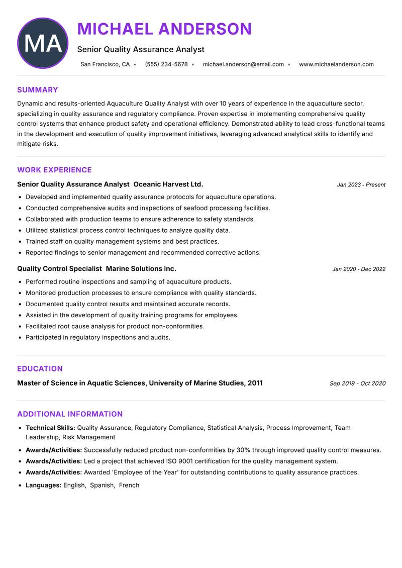 Aquaculture Quality Analyst Resume Preview Example