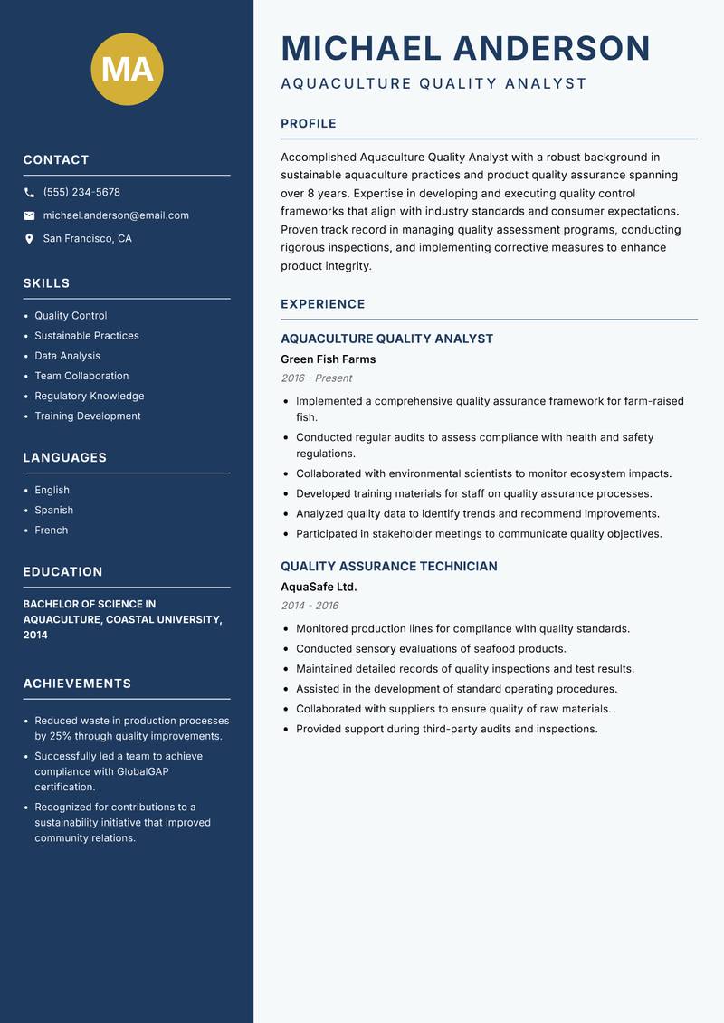 Aquaculture Quality Analyst Resume Preview Example